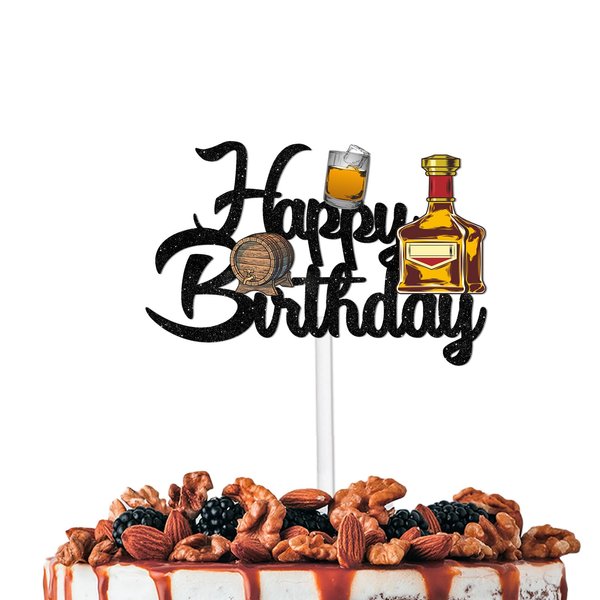 Black Glitter Whisky Glass Happy Birthday Cake Topper Cheer to Drink Whiskey Theme Party Decoration Supplies Men Women Happy Birthday Anniversary Wedding Party Decor Supplies