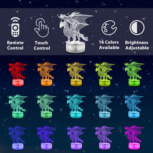 Ammonite Dragon Lamp for Kids, 3D Dragon Night Light Toy,16 Colors with Remote Control Kids Room Decor As a Christmas Birthday Gifts for Boys Girls