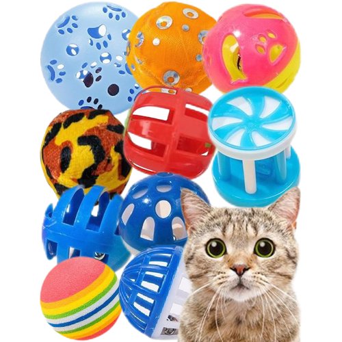 DIYUQISHI 10-Pack Colorful Sturdy Cat Toy Balls with Bells, Interactive & Energetic Play, Easy-Grab Cat Toys for All Breeds and Ages