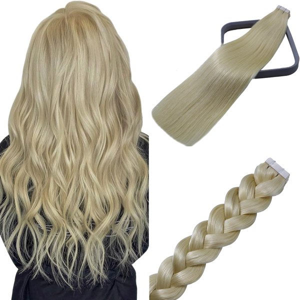 WindTouch Tape in Hair Extensions Double Sided Tape In Extensions Platinum Blonde Solid Color Basic Color Fine Hair Natrual Real Human Hair 50g Hair Extensions Seamless Straight Full End 16Inch 20PCS