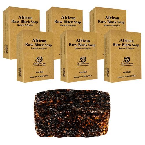 HERBOGANIC Raw African Black Soap Bar Pack of 6, 6 oz each. 100% pure natural Product of Ghana. black soap is great for acne, Eczema, blackheads, face, hair, and body wash.