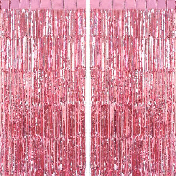 CHRORINE 2pcs 3ft x 8.3ft Pink Tinsel Foil Fringe Curtains Streamers Backdrop for Pink Party Birthday Wedding Bachelorette Baby Shower Bridal Shower Decorations