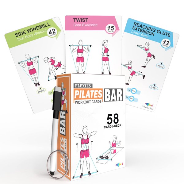 Flexies Pilates Bar Workout Cards - 58 Exercise Cards with Pilates Stick Work Out Postures, Instructions & Breathing Tips | Free Ring & Dry-Erase Marker to Create Your Customize Workout Planner Chart