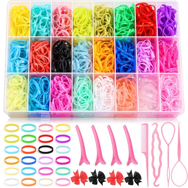 24 Colors Rubber Bands for Hair with Hair Styling Tools, 1500 Pcs Elastic Hair Bands Hair Rubber Bands with Topsy Tail Hair Tool and Hair Tie Cutter, Hair Rubber Bands for Girls Baby Toddler Women