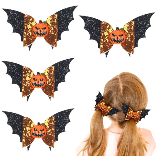 4PCS Bat Hair Bow Clips, Halloween Cute Bat Bows Clips for Girls Toddlers Teens, Hairpins Sparkly Hairgrips for Halloween Cosplay Costume Party Decorations