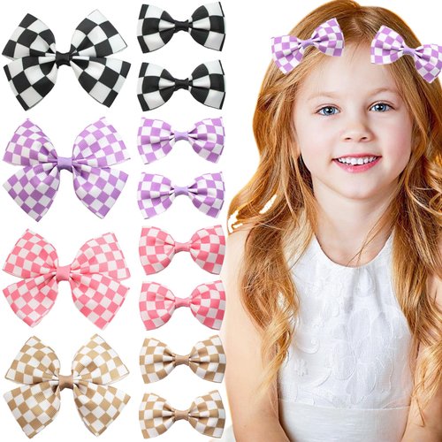 12 PACK Checkered Hair Clip, Racing Checkered Flag Hair Bow Clips, 3 Inch Racing Fan Pigtail Hair Accessories for Girls Women
