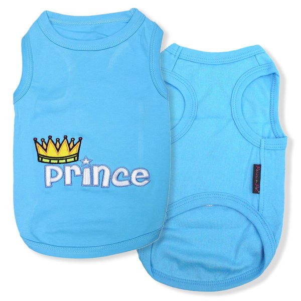 Parisian Pet Dog T-Shirt - Embroidered ' Prince ' 100% Cotton, Dog Clothes - Sleeveless Pet Vest - Machine Washable Blue Boy Dog Shirts for Small Dogs - XXS