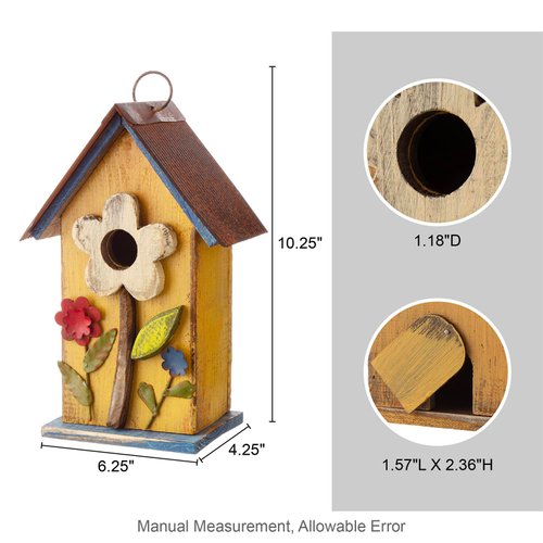 Glitzhome 10.2" H Hanging Bird House for Outdoor Patio Garden Decorative Birdhouse Pet Cottage Distressed Wooden Birdhouse, Yellow Flower
