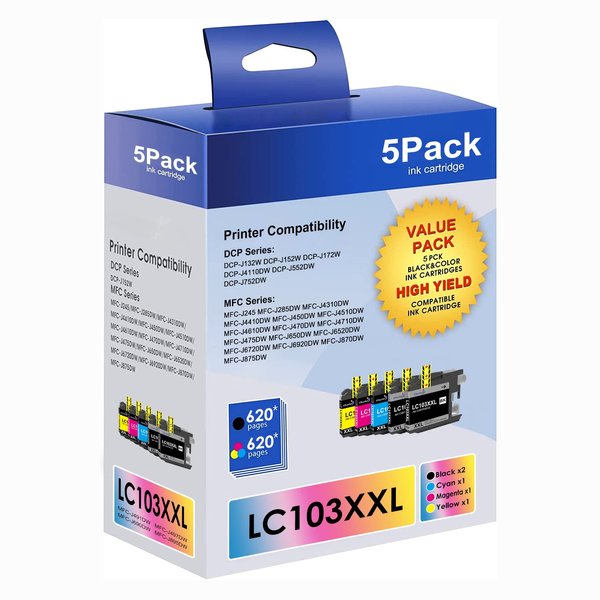Churler Compatible Ink Cartridge Replacement for Brother LC103XL LC103 XL LC101 XXL, LC105 Compatible with MFC-J870DW MFC-J475DW MFC-J6920DW MFC-J470DW Cyan, Magenta, Yellow, Black, 5 Pack