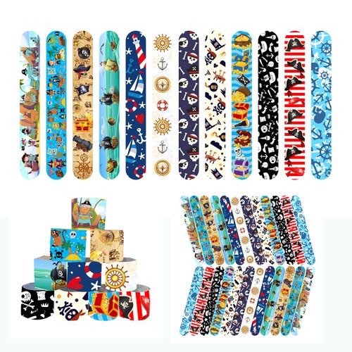 48 Pcs Slap Bracelets for Kids Pirate Party Favors Toys Slap Bracelets Bulk Snap Bracelet for Boys Birthday Party Supplies Classroom Prizes Exchanging Gifts Christmas Easter Halloween Holiday Gifts