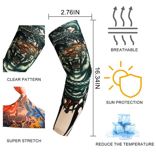 YARIEW Tattoo Sleeves for Men and Women, 12Pcs Arm Sleeves Fake Tattoos Sleeves to Cover Arms Cooling Sun Protection Sleeves, Emo Accessories for Halloween Christmas