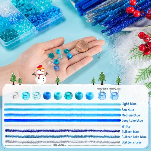 Daifunli 1200 Pcs Winter Blue Pony Beads Bulk with 120 Pieces 12 Inch Multi Colored Pipe Cleaners Chenille Stems Fuzzy Sticks Blue Seed Beads for Bracelets Jewelry Making Winter Christmas Decorations