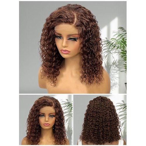 YGQWD Short Chocolate Brown Curly Bob Lace Front Wigs with Baby Hair for Black Women Human Hair Pre Plucked 13x4 Lace Frontal Brazilian Virgin Hair Dark Colored Wig 150% Density 14 Inch
