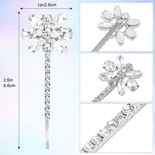 OIIKI Bridal Bobby Pins Decorative Rhinestone Hair Pins Clip 4pcs, Silver Crystal Flower Hairpin Bling Elegant Hair Accessories for Bridal Bride Wedding Women Girls