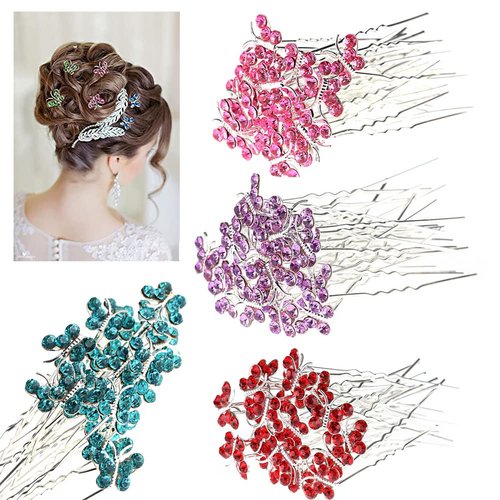 AKOAK 20 Pcs U-shaped Butterfly Rhinestone Hair Clip Crystal Hair Accessories Rhinestone Wedding Hair Clip for Bridal Wedding Party Girls (Pink)