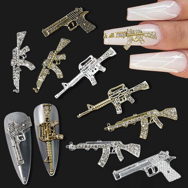 10Pcs 3D Metal Gun Nail Charms Alloy Weapon Nail Charm Luxury Rhinestones Gun Charms for Nails Gun Nail Jewels for Nail Art Decoration Accessories DIY Nail Art Tools Nail Supplies