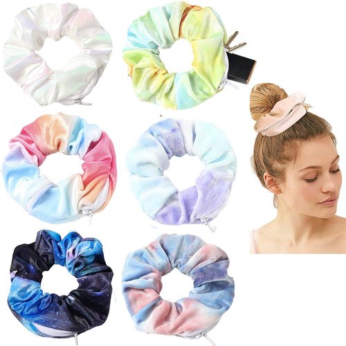 Women Velvet Multicolor Scrunchie with zipper pouch hair ties Ropes secret zipper pocket scrunchies Tie Hidden Tie Dye scrunchies Soft Stash Hair Elastic Ties for Vsco Girl Stuff Scrunchies (6 Pcs C)