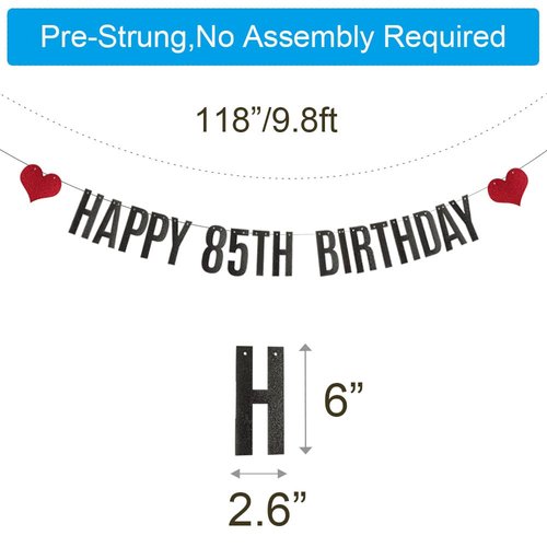 ABCpartyland Black Glitter Happy 85th Birthday Banner,85th Birthday Party Decorations Supplies, Pre-Strung,Letters Black,HAPPY 85TH BIRTHDAY