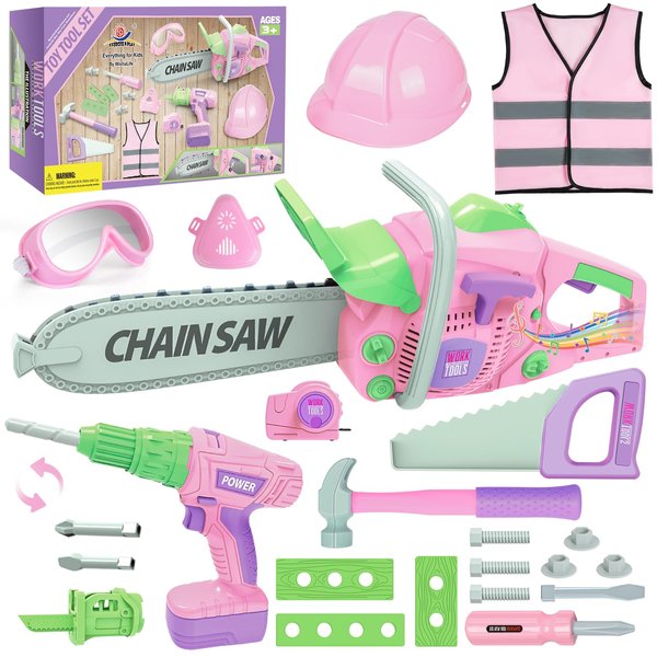 Kids Tool Set, Kids Toy Tools with Toy Chainsaw & Toy Drill, Kids Tool Toy Make Sound Effects, Pretend Play Construction Toddler Tool Toy for Age 3+ Year, Tool Set for Kids Boy Girl Gifts(Pink Color)