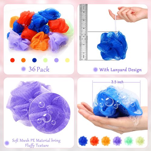 Small Bath or Shower Sponge Assorted Colors Loofahs Exfoliating Mesh Loofah Sponge Mini Travel Shower Puff Colorful Bath Pouf Body Wash Multi Color Bath Scrubber for Kids Women Baby(36 Pack)