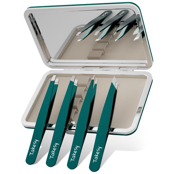 Professional Tweezers for Facial Hair and Eyebrows with Mirror Case (Green)