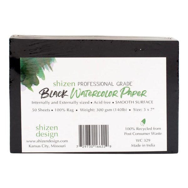 Shizen Design, Watercolor Paper, Black, Hot Press, 5 x 7 Inches, Pack of 50 Sheets, WC 329