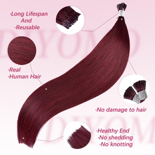 DIYOMO I Tip Hair Extensions Human Hair Remy Burgundy Red Itip Human Hair Extensions 18inch Pre Bonded Invisible Wine Red I Tip Hair Extensions Straight Stick 50G/70S