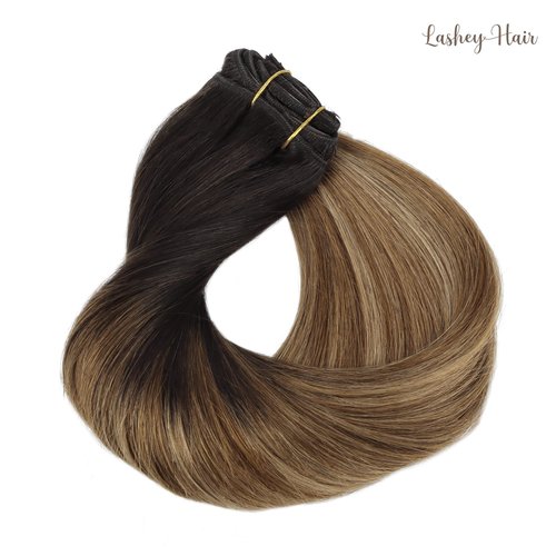 Clip in Hair Extensions, 20 inch Dark Brown to Chestnut Brown and Dirty Blonde Highlighted Hair Extensions Clip in Human Hair Lashey Hair Extensions Real Human Hair 120g 7pcs