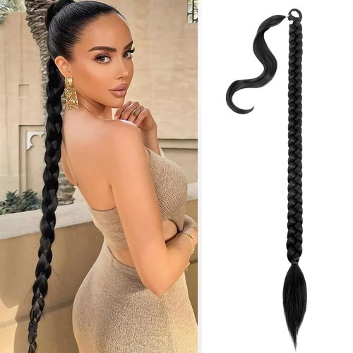 Vemet Ponytail Extension, Braided Ponytail Extension Black Women with Hair Tie,Straight Wrap with Braid Ponytail Extension Synthetic Hair Pieces 36 Inch 1B