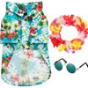 3 Pieces Pet Dog Hawaiian Costume, Includes Cool T-Shirts Summer Clothes, Funny Cute Retro Fashion Sunglasses and a Colorful Wreath for Small to Medium Dog (Green Series)