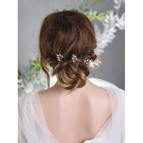 Kercisbeauty 3PCS Handmade Simple Crystal Leaf Leaves Hair Pins for Wedding Bridal Bridesmaids Flower Girls,Dancing Prom Party,Vintage Boho Hair Accessory(Rose Gold)