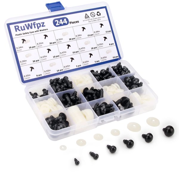RuWfpz Safety Eyes for Crocheting Amigurumi 6-16mm - 6 Sizes Stuffed Animal Eyes with Washers, 244Pcs Black Plastic Amigurumi Crochet Eyes for Doll Bear Crafts Button Plushies