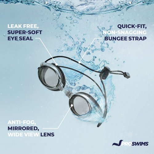 Proswims Anti-Fog Racing Swimming Goggles Gray Lens with Quick Adjustable Elastic Bungee Strap, Hard Case and Bonus Swim Goggles Microfiber Cleaning Cloth