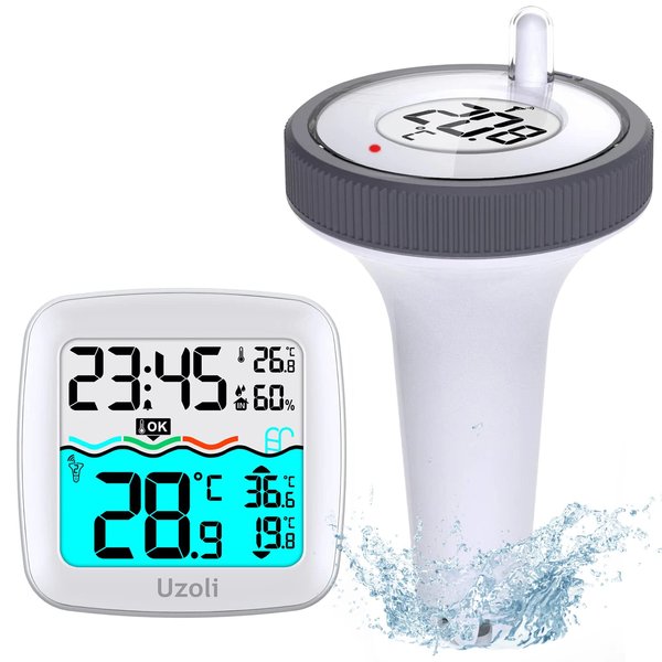 Uzoli Pool Thermoemter Floating Easy Read, Digital Pool Thermeotmer with Indoor Outdoor Temperature Humidity Monitor, Wireless Pool Thermoeter for Swimming Pools, Hot Tubs, Ponds, Bath, Spas