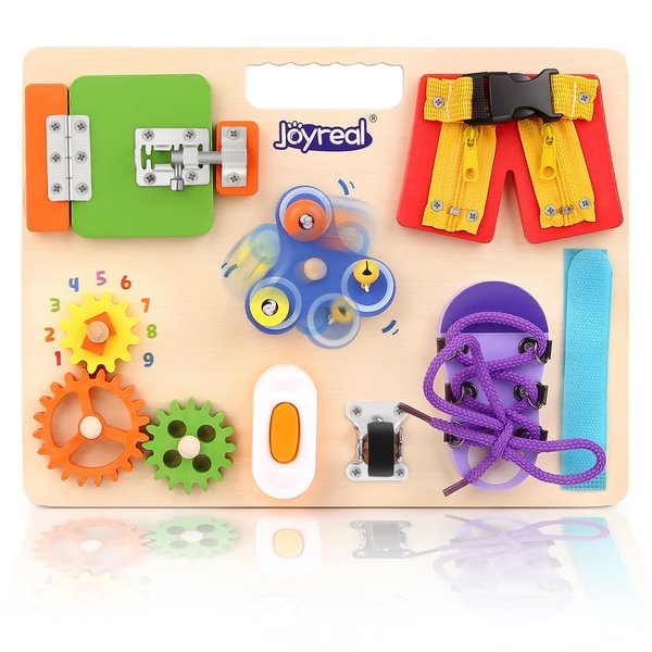 Joyreal Wooden Montessori Busy Board for Toddlers, 11 Fine Sensory Activity Motor Skills Educational Toys, Travel Toys for Kids & Toddlers