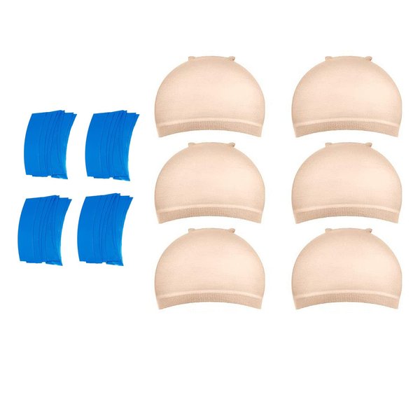 KYSK Wig Caps for Woman and Lace Front Tape, Stretchy Stocking Nylon Caps & Wig Adhesive, 3 Packs (6 Pieces) Hair Caps with 36 pcs Light Tapes