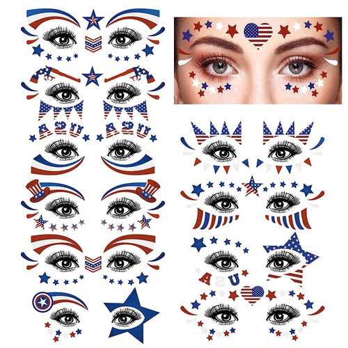 10 Sets 4th of July Temporary Tattoos Stickers Independence Day Face Eye Tattoo Sticker Waterproof Sweatproof American Flag USA Star Patriotic Memorial Day for Adult Kids Make Up Party Parade red