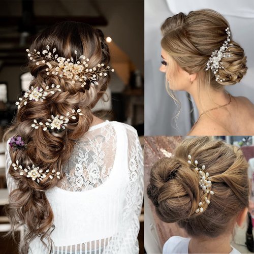 5 Pieces Wedding Hair Accessories for Brides, Pearl Crystal Rhinestone Hair Comb Hair Pins Bridal Hair Accessories, Gold Hair Accessories for Brides Bridesmaids Women Girls (Gold)