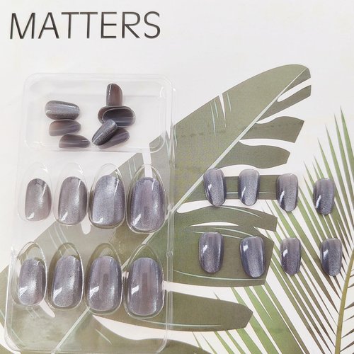 Xenophoer Cat Eye Press on Nails Short Oval Gray Fake Nails Acrylic Glue on Nails with Silver Glitter Designs Nails Press ons for Women Daily Wear 24 Pcs