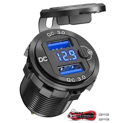[Metal Shell] 12V USB Outlet Dual QC 3.0: Qidoe Aluminum Socket 12 Volt Motorcycle USB Outlet with LED Voltmeter Button Switch Waterproof 12 V Car Charger for Boat Marine Moto RV Golf Cart