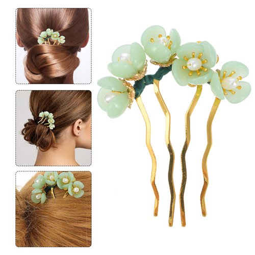 Beaupretty 5 Pieces Jade Flower Hair Pins Women Girls Hair Stick Chinese Retro Chignon Pin Hair Chopsticks Hair Styling Hair Making Accessories for Hanfu Costume(Green)