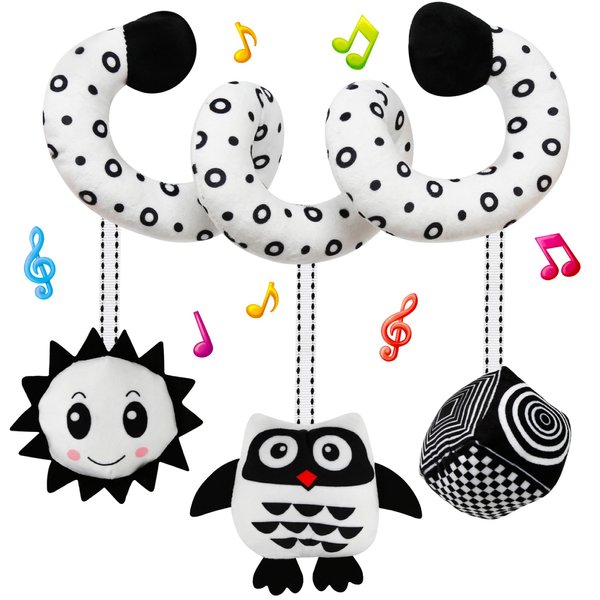 FNQUTOY Car Seat Toys Stroller Spiral Hanging Stroller Black and White High Contrast Baby Toys for Newborn,Infant Plush Activity Sensory Toys for 0 2 4 6 8 10 12 Months Boys Girls(Owl)