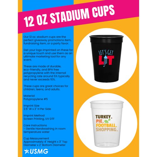 USMG 12 PCS Multi Color Print 12oz Stadium Cups, Reusable Party Cups For Birthday, Wedding, Events, Marketing,or Bbq Picnics (Red)