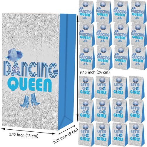 HAPPARTY Dancing Queen Party Favor Gift Bags 24Pcs with Disco Ball Stickers,for Dancing Queen 17th Birthday Goodie Bags Music Opera Mia Party Decorations,Blue Let's Go Girl Candy Treat Bags