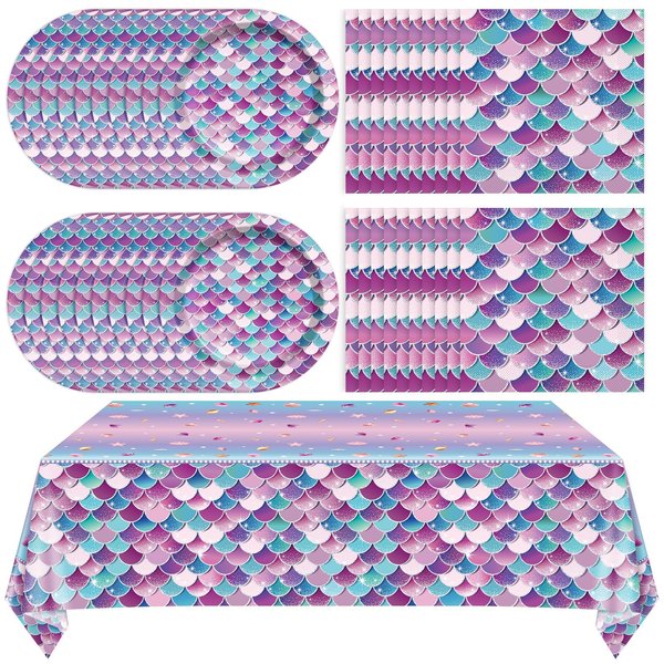41PCS Mermaid Themed Paper Plates and Napkins Party Decorations Tableware Set Includes 20 Party Plates 20 Napkins and 1 Tablecloth for Girls Kids Mermaid Birthday Party Decor Supplies