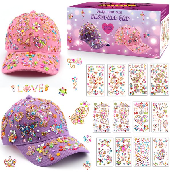 Christmas Gifts for Girls Decorate Your Own Baseball Cap with 12 Sheets Unicorn Gem Stickers, Fun Arts and Crafts Kit for Kids Age 4-12, 2PCS DIY Baseball Cap Birthday Gifts for Girls 4 5 6 7 8 9 10