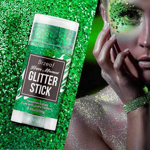 Brzeaf Waterproof Green Glitter Stick, Chunky Glitter for Face/Body/Hair/Eyes/Lip, Singer Concert Music Rave Festival, Glitter Stick Makeup & Face Glitter Gel for Women Men 0.56 OZ