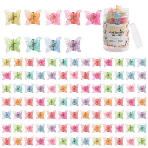 LifeDawn 100 Pieces Butterfly Hair Clips for Girls, Mini Butterfly Hair Claw Clips Cute Pastel Claw Clips Nonslip Sparkly Butterfly Hair Clips with Box Assorted Colors Tiny Hair Styling Accessories