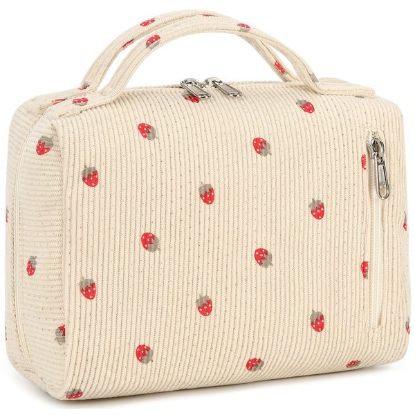 Bluboon Makeup Bag Zipper Pouch Travel Toiletry Bag Portable Cosmetic Bag Organizer for Women and Girls(Strawberry Corduroy Beige)