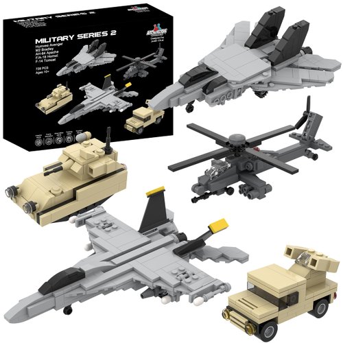 Apostrophe Games 5 Military Building Block Sets (728 Pieces) F/A-18 Hornet, F-14 Tomcat Fighter Jet, AH-64 Apache Helicopter, M2 Bradley Tank, and Humvee Avenger